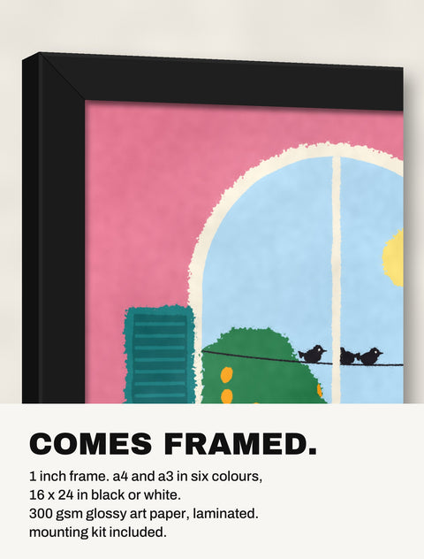 Corner of the black frame at an angle showing the Golden Retriever at the Window print inside