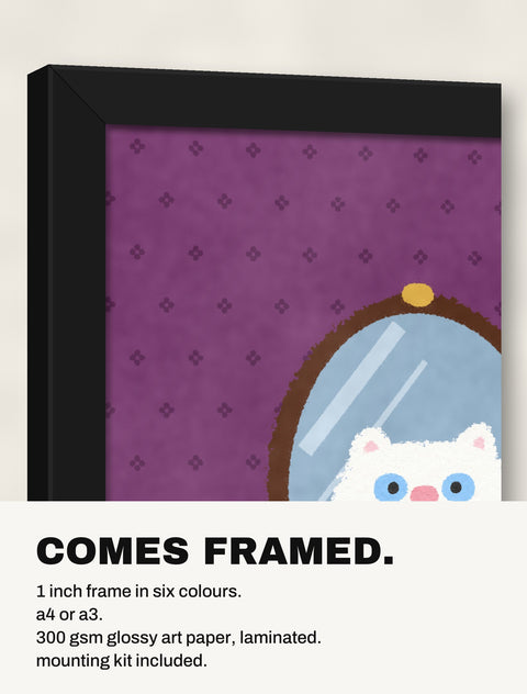 Corner of the black frame at an angle showing the Persian at the Mirror print inside