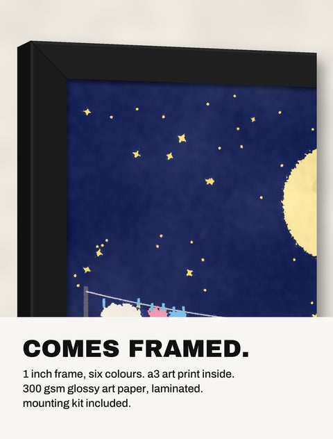 Corner of the black frame at an angle showing the beagle print inside