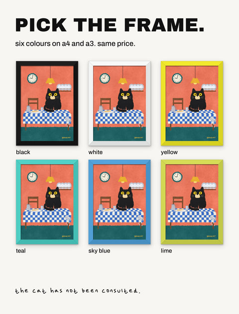 The Black Cat on the Dinner Table poster shown in all six frame colours: black, white, yellow, teal, sky blue, lime