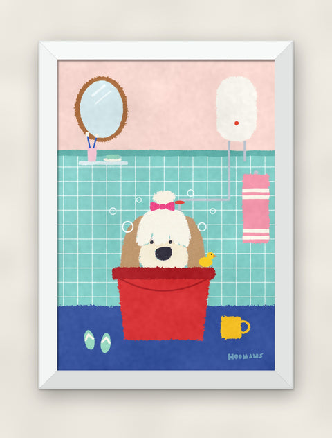 Shih Tzu in the Bathroom art print in a white frame on a plain wall