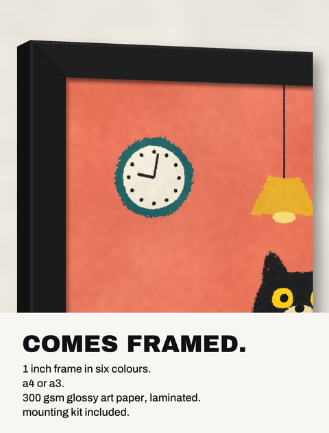 Corner of the black frame at an angle showing the Black Cat on the Dinner Table print inside