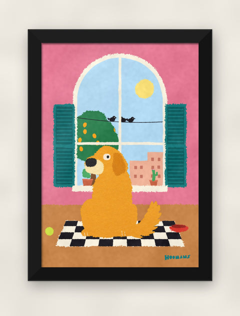 Golden Retriever at the Window art print in a black frame on a plain wall, front view