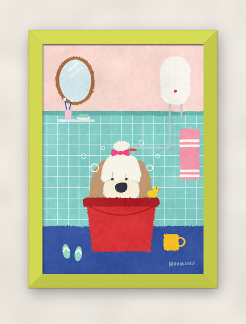 Shih Tzu in the Bathroom art print in a lime frame on a plain wall