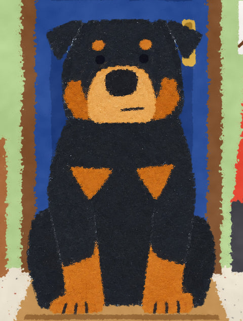 Close-up of the rottweiler in the poster, flat chalky painted texture
