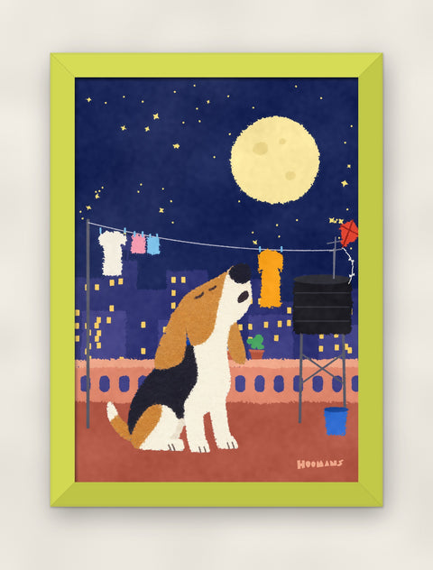 Beagle on the Terrace art print in a lime frame on a plain wall