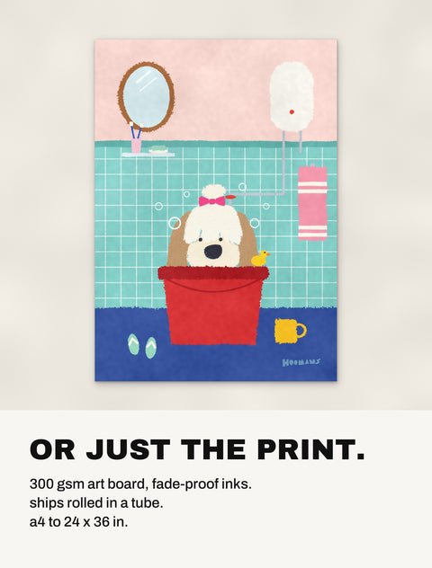 The Shih Tzu in the Bathroom print without a frame: 300 gsm art board, shipped rolled in a tube