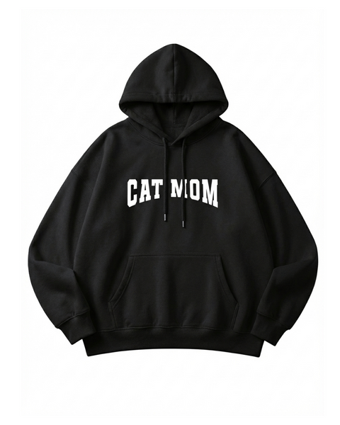 Black hoodie with 'CAT MOM' text on a white background