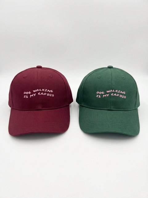 Dog Walking Is My Cardio cap – maroon and green – Hoomans India