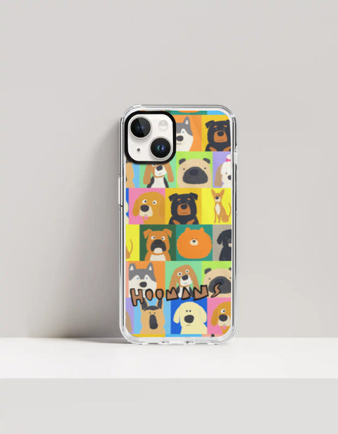 Hoomans Lotta Dogs iPhone case: colour-block grid of hand-drawn dog breed portraits with HOOMANS lettering, on iPhone 14 mockup