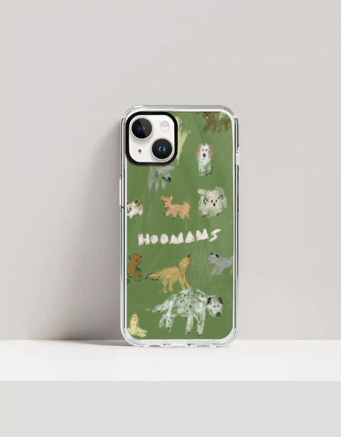 Hoomans Dog Park iPhone case — hand-painted dogs of different breeds on olive green, on iPhone 14 mockup