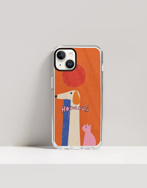 Hoomans Tall Dog Small Cat iPhone case: a very tall cream dog and a small pink cat on burnt orange with HOOMANS lettering, on iPhone 14 mockup