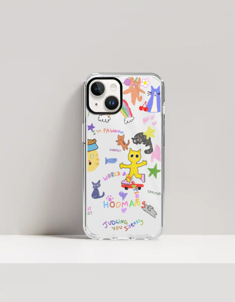 Hoomans Crazy Cat Lady iPhone case — colourful cat doodle sticker art, on iPhone 14 mockup