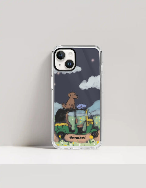 Hoomans Night Shift iPhone case — hand-painted dog and sleeping cat on an auto-rickshaw at night, on iPhone 14 mockup