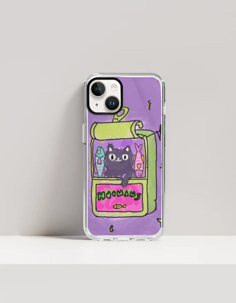 Hoomans Sardine Tin iPhone case — black cat in a green sardine tin, purple doodle background, on iPhone 14 mockup