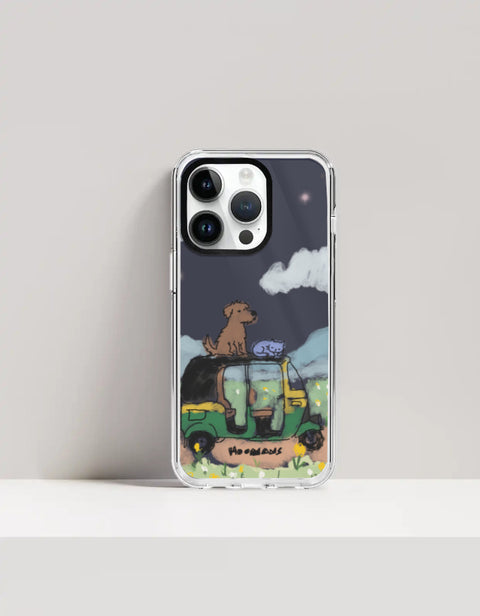 Hoomans Night Shift iPhone case — hand-painted dog and sleeping cat on an auto-rickshaw at night, on iPhone 14 Pro mockup