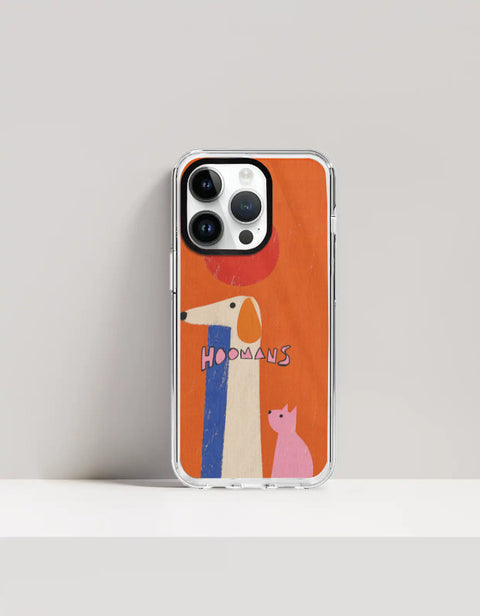 Hoomans Tall Dog Small Cat iPhone case: a very tall cream dog and a small pink cat on burnt orange with HOOMANS lettering, on iPhone 14 Pro mockup