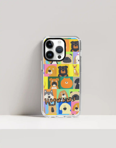 Hoomans Lotta Dogs iPhone case: colour-block grid of hand-drawn dog breed portraits with HOOMANS lettering, on iPhone 14 Pro mockup