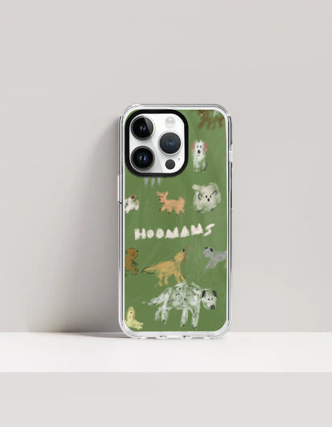 Hoomans Dog Park iPhone case — hand-painted dogs of different breeds on olive green, on iPhone 14 Pro mockup