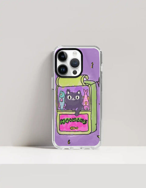 Hoomans Sardine Tin iPhone case — black cat in a green sardine tin, purple doodle background, on iPhone 14 Pro mockup