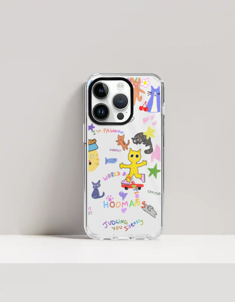 Hoomans Crazy Cat Lady iPhone case — colourful cat doodle sticker art, on iPhone 14 Pro mockup