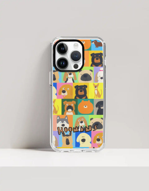 Hoomans Lotta Dogs iPhone case: colour-block grid of hand-drawn dog breed portraits with HOOMANS lettering, on iPhone 14 Pro Max mockup