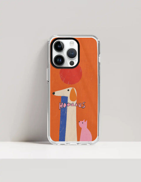 Hoomans Tall Dog Small Cat iPhone case: a very tall cream dog and a small pink cat on burnt orange with HOOMANS lettering, on iPhone 14 Pro Max mockup