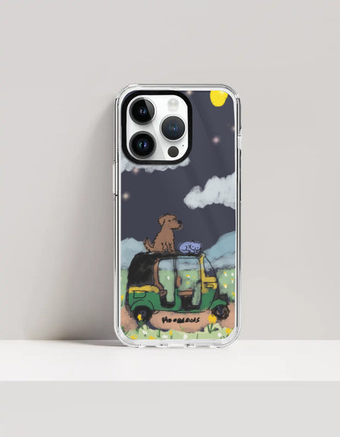Hoomans Night Shift iPhone case — hand-painted dog and sleeping cat on an auto-rickshaw at night, on iPhone 14 Pro Max mockup