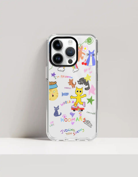 Hoomans Crazy Cat Lady iPhone case — colourful cat doodle sticker art, on iPhone 14 Pro Max mockup
