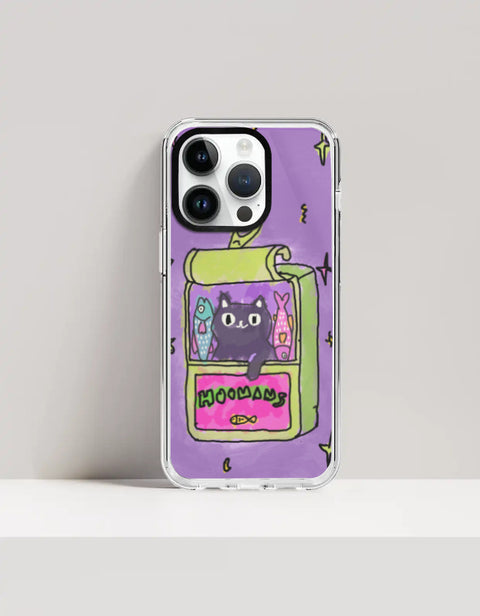 Hoomans Sardine Tin iPhone case — black cat in a green sardine tin, purple doodle background, on iPhone 14 Pro Max mockup
