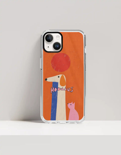 Hoomans Tall Dog Small Cat iPhone case: a very tall cream dog and a small pink cat on burnt orange with HOOMANS lettering, on iPhone 14 Plus mockup