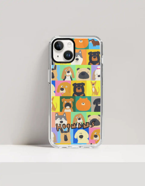 Hoomans Lotta Dogs iPhone case: colour-block grid of hand-drawn dog breed portraits with HOOMANS lettering, on iPhone 14 Plus mockup