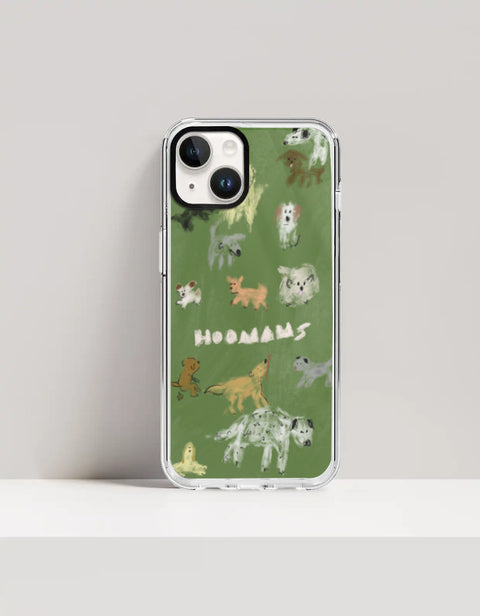 Hoomans Dog Park iPhone case — hand-painted dogs of different breeds on olive green, on iPhone 14 Plus mockup