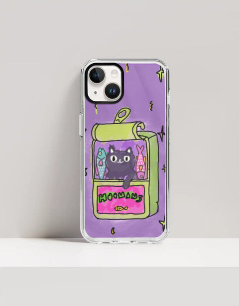 Hoomans Sardine Tin iPhone case — black cat in a green sardine tin, purple doodle background, on iPhone 14 Plus mockup