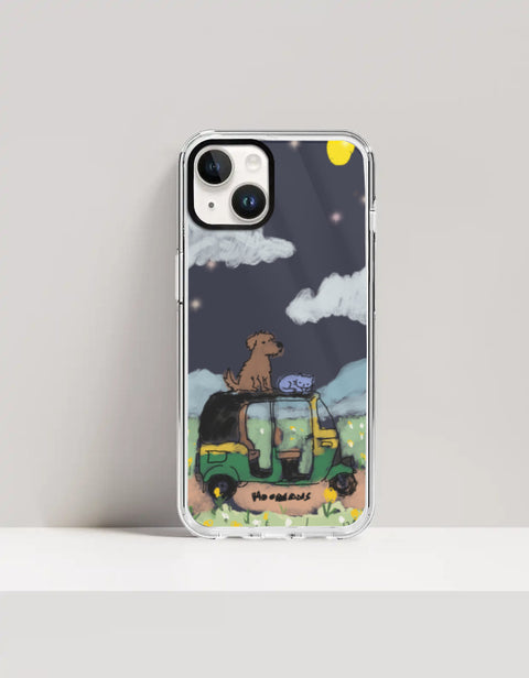 Hoomans Night Shift iPhone case — hand-painted dog and sleeping cat on an auto-rickshaw at night, on iPhone 14 Plus mockup