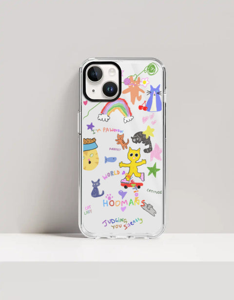 Hoomans Crazy Cat Lady iPhone case — colourful cat doodle sticker art, on iPhone 14 Plus mockup
