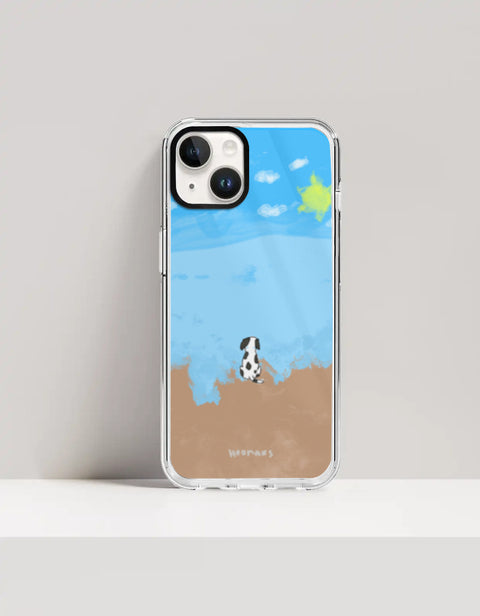Hoomans Out of Office iPhone case — hand-painted spotted dog on a beach facing the sea, on iPhone 14 Plus mockup