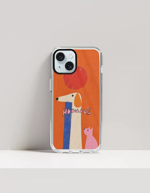 Hoomans Tall Dog Small Cat iPhone case: a very tall cream dog and a small pink cat on burnt orange with HOOMANS lettering, on iPhone 15 mockup