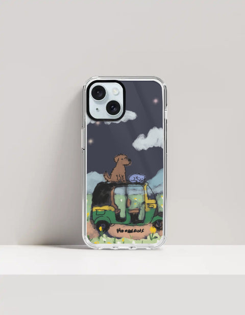 Hoomans Night Shift iPhone case — hand-painted dog and sleeping cat on an auto-rickshaw at night, on iPhone 15 mockup