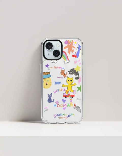 Hoomans Crazy Cat Lady iPhone case — colourful cat doodle sticker art, on iPhone 15 mockup