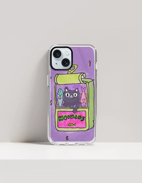Hoomans Sardine Tin iPhone case — black cat in a green sardine tin, purple doodle background, on iPhone 15 mockup