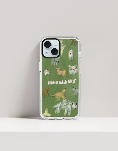 Hoomans Dog Park iPhone case — hand-painted dogs of different breeds on olive green, on iPhone 15 mockup