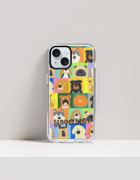 Hoomans Lotta Dogs iPhone case: colour-block grid of hand-drawn dog breed portraits with HOOMANS lettering, on iPhone 15 mockup