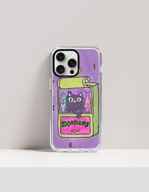 Hoomans Sardine Tin iPhone case — black cat in a green sardine tin, purple doodle background, on iPhone 15 Pro mockup