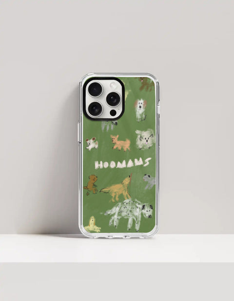 Hoomans Dog Park iPhone case — hand-painted dogs of different breeds on olive green, on iPhone 15 Pro mockup