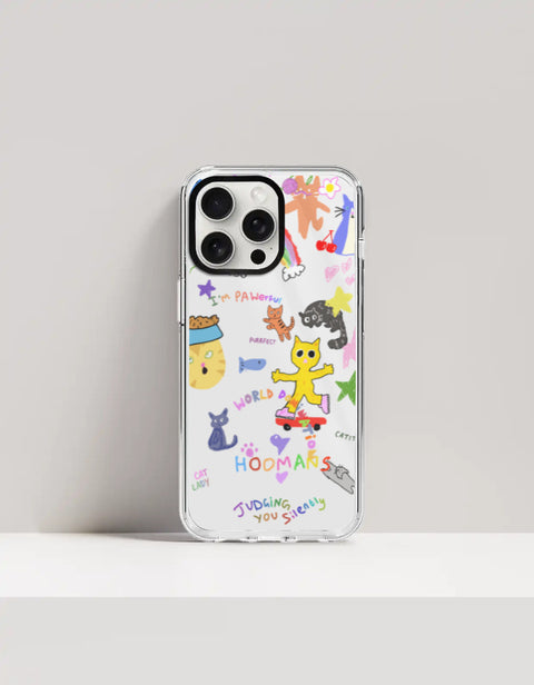 Hoomans Crazy Cat Lady iPhone case — colourful cat doodle sticker art, on iPhone 15 Pro mockup