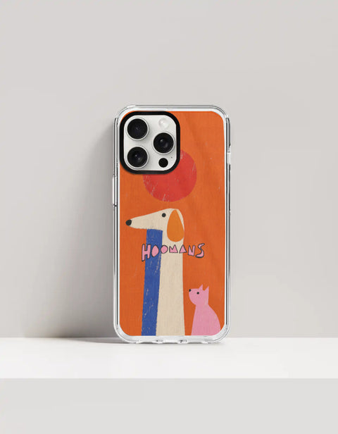 Hoomans Tall Dog Small Cat iPhone case: a very tall cream dog and a small pink cat on burnt orange with HOOMANS lettering, on iPhone 15 Pro mockup