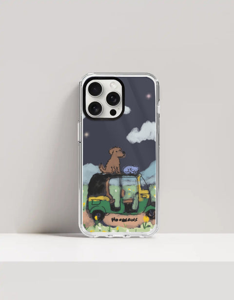 Hoomans Night Shift iPhone case — hand-painted dog and sleeping cat on an auto-rickshaw at night, on iPhone 15 Pro mockup