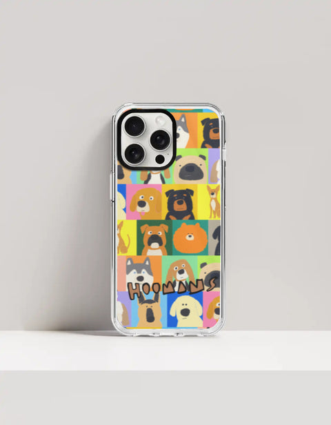 Hoomans Lotta Dogs iPhone case: colour-block grid of hand-drawn dog breed portraits with HOOMANS lettering, on iPhone 15 Pro mockup