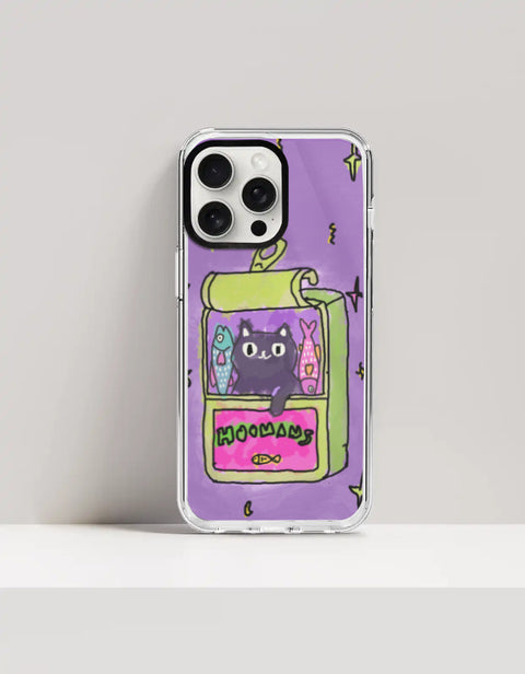Hoomans Sardine Tin iPhone case — black cat in a green sardine tin, purple doodle background, on iPhone 15 Pro Max mockup